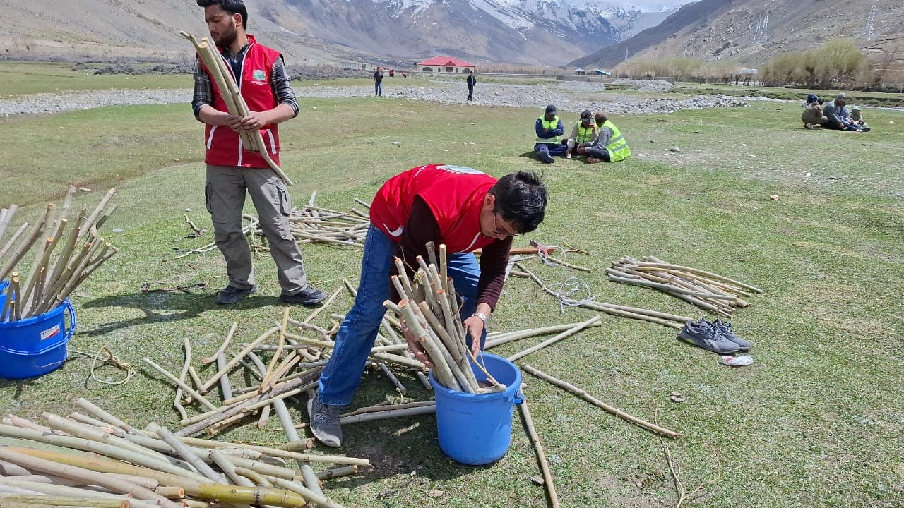 Volunters preparing for planting logs of trees
